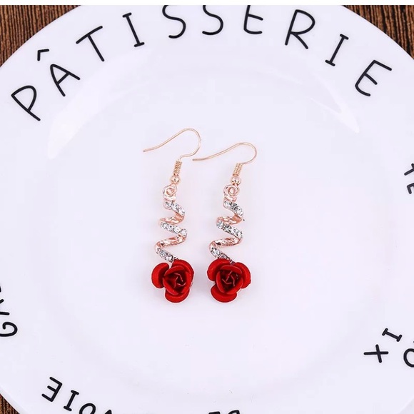 Crystal Red Rose Flower Dangle Drop Earrings - Picture 2 of 4